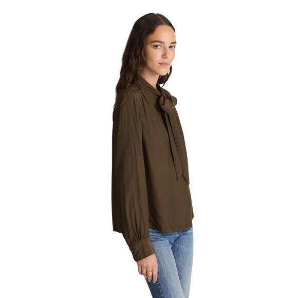 Madewell Tie Neck Long Sleeve Blouse Dark Mocha Top Size S NWT - Picture 3 of 9